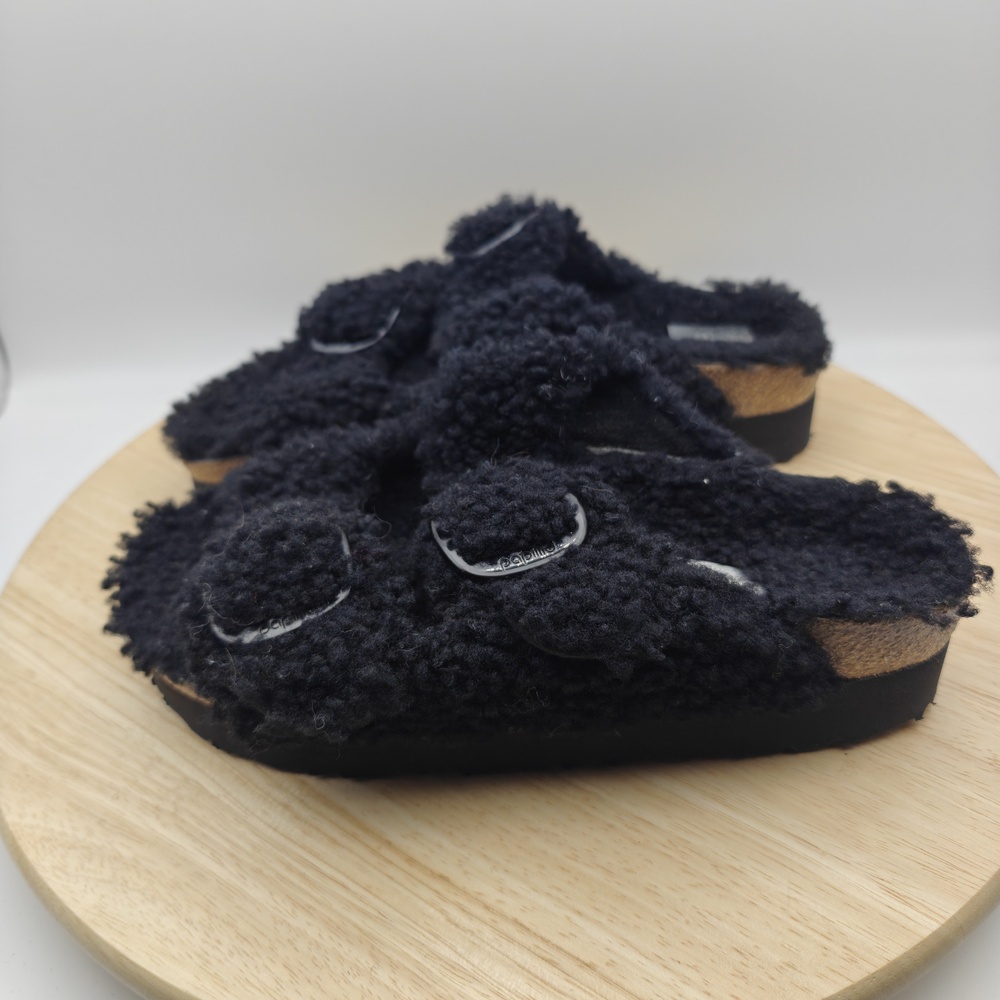 Papillio Sandals Womens Size 7 38 Black Faux Fur Buckle Lined Comfort Fuzzy